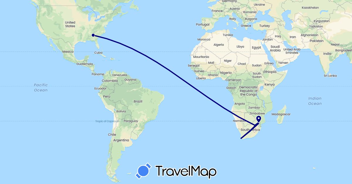 TravelMap itinerary: driving in United States, South Africa (Africa, North America)